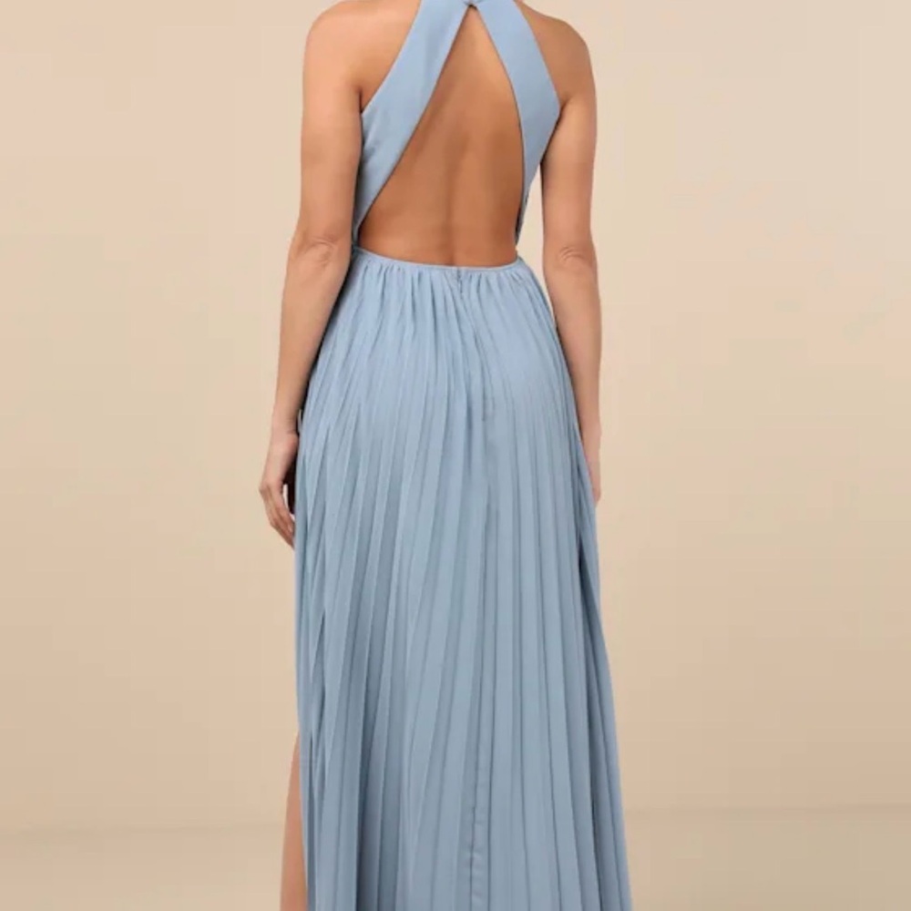 NWT Lulus Rylie Slate Blue Pleated Backless Maxi Dress - Picture 2 of 4